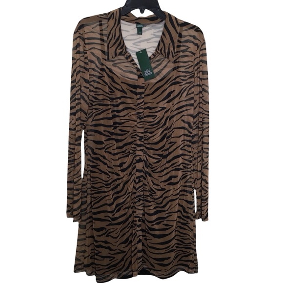 wild fable Dresses & Skirts - Wild Fable Women's Long Sleeve Button-front Mesh Dress Large Brown Zebra NWT